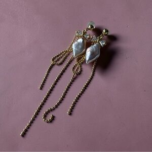 Freshwater Pearl Dangle Earrings Gold Chain Fringe CZ Bow